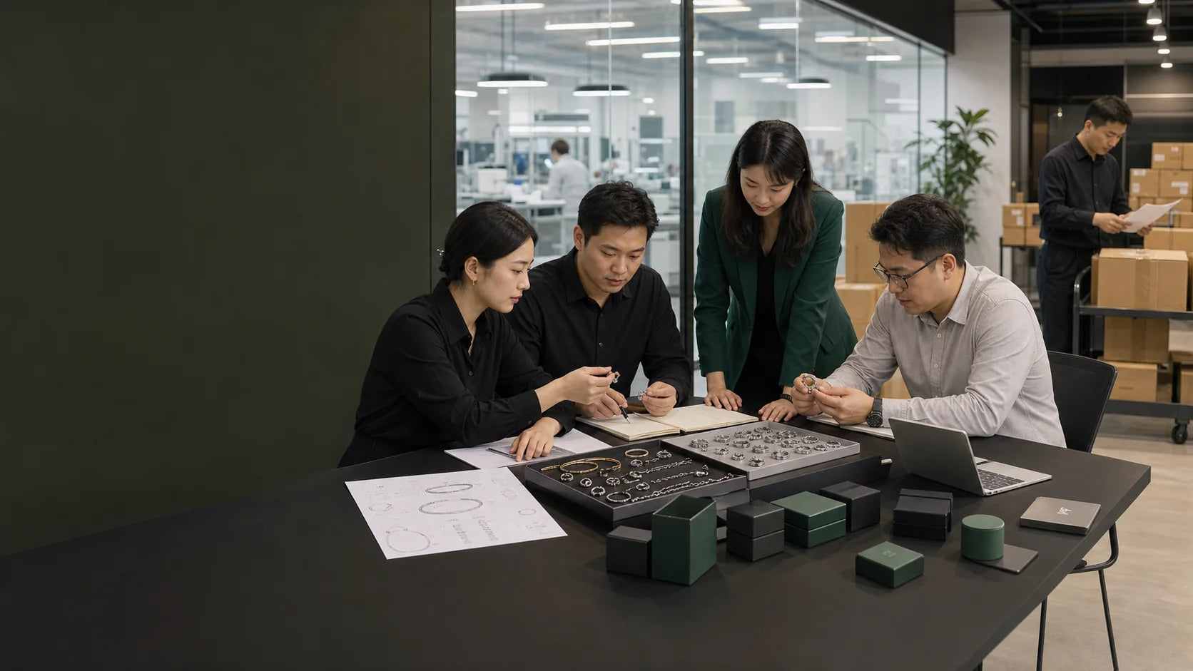 DNOEWOMER jewelry project team reviewing custom samples, technical details, packaging and export orders