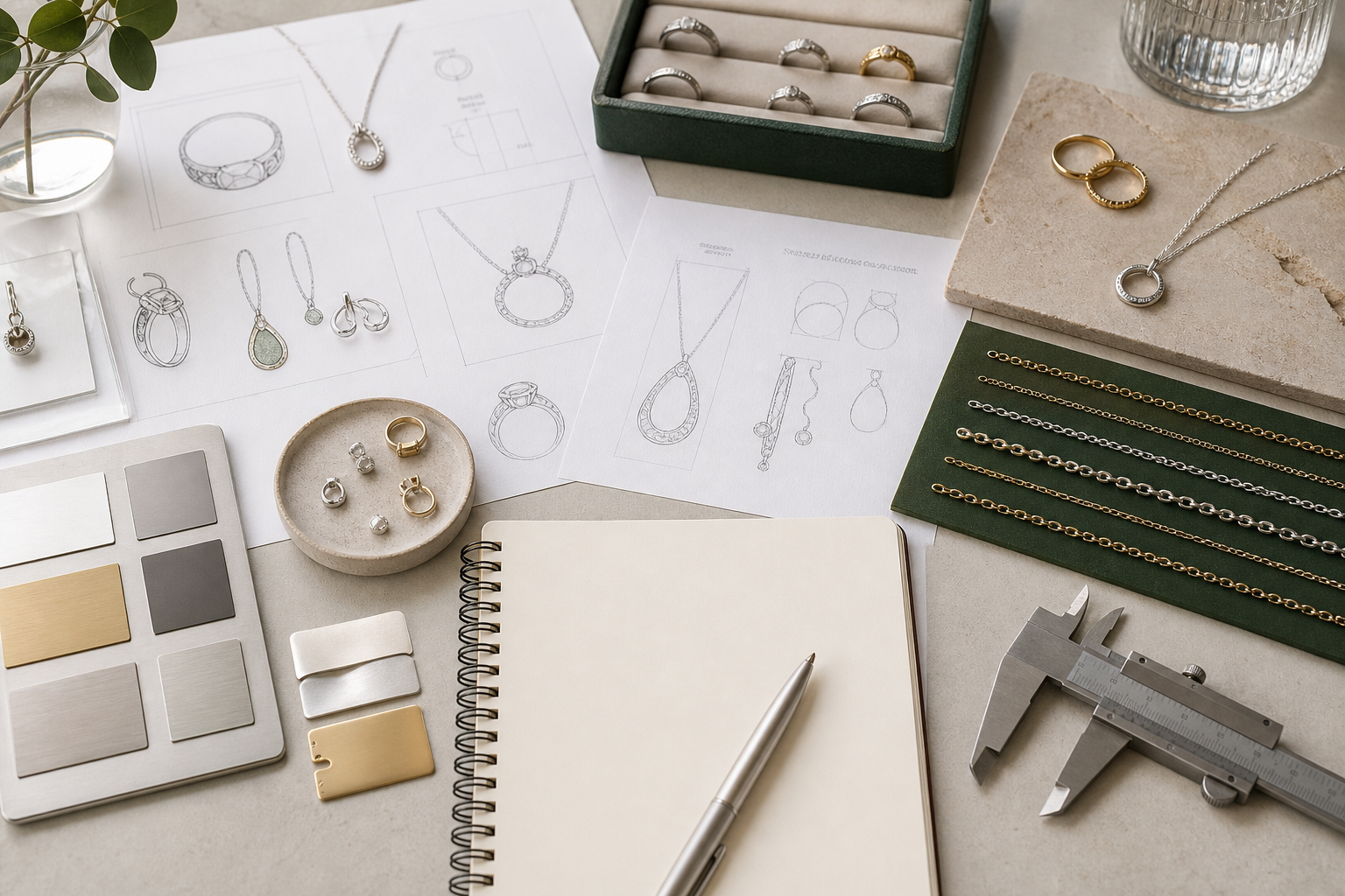 Jewelry project brief with sketches, material samples and production tools