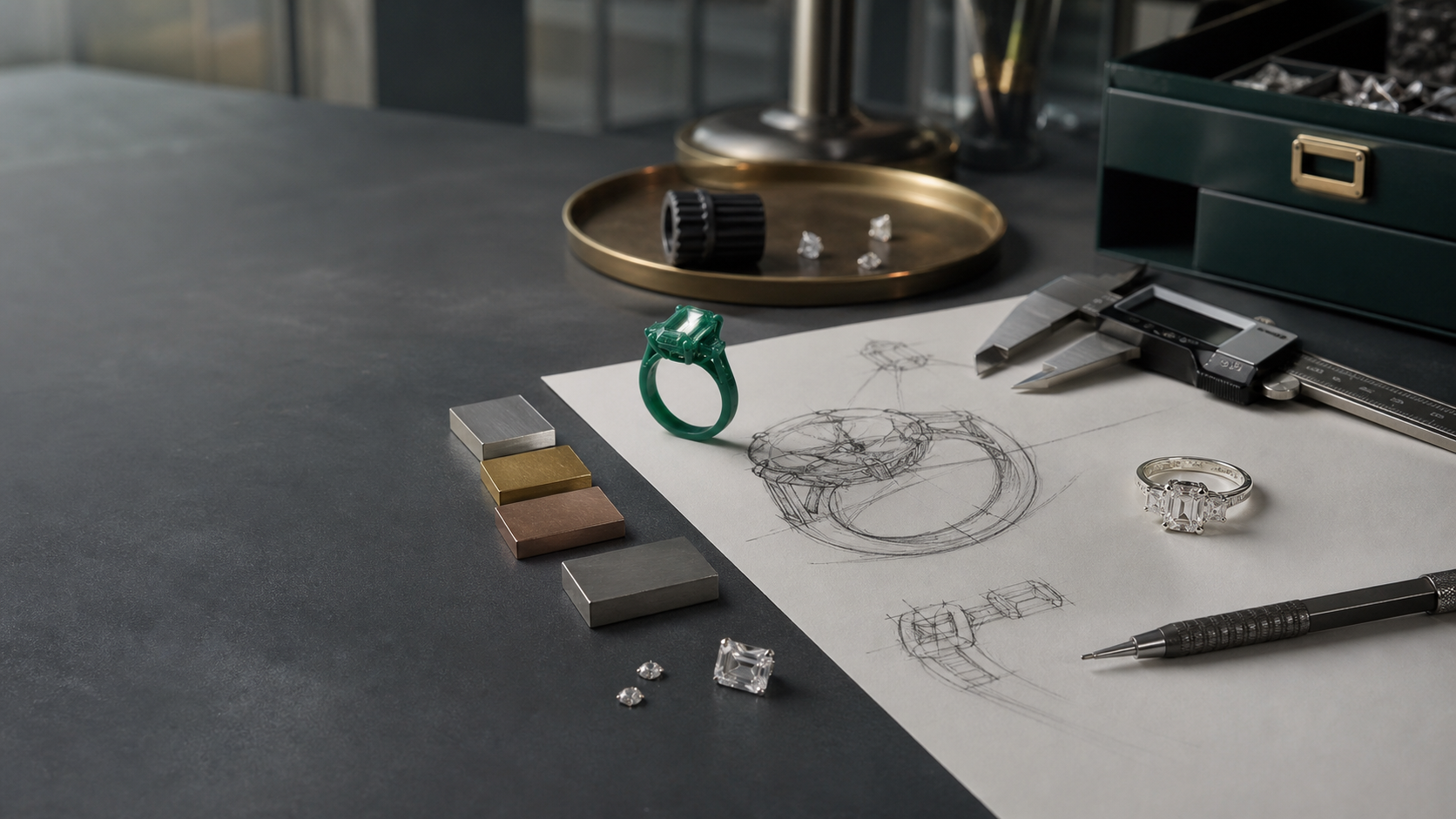 Custom jewelry sketch, prototype, material samples and finished ring