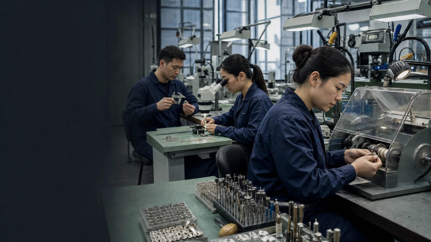 Chinese jewelry technicians polishing, setting and inspecting custom jewelry in the DNOEWOMER factory